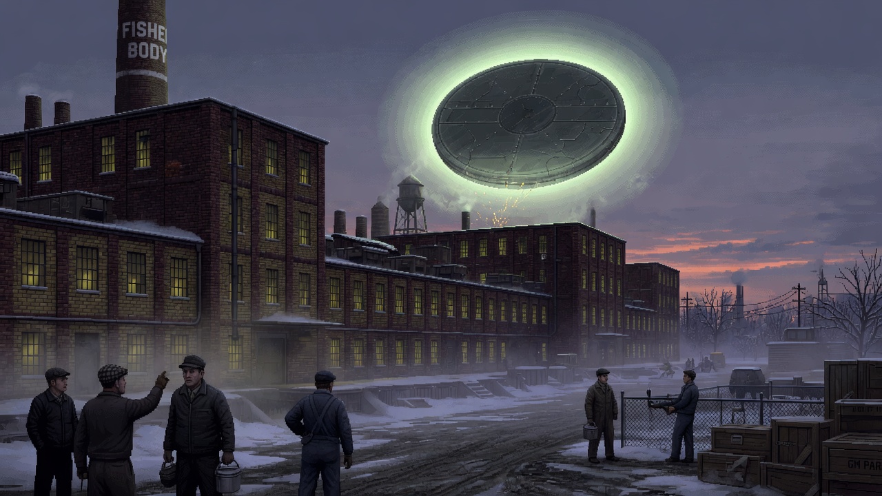 Employees Observe Silent Disc Hovering Above Fisher Plant in 1953
