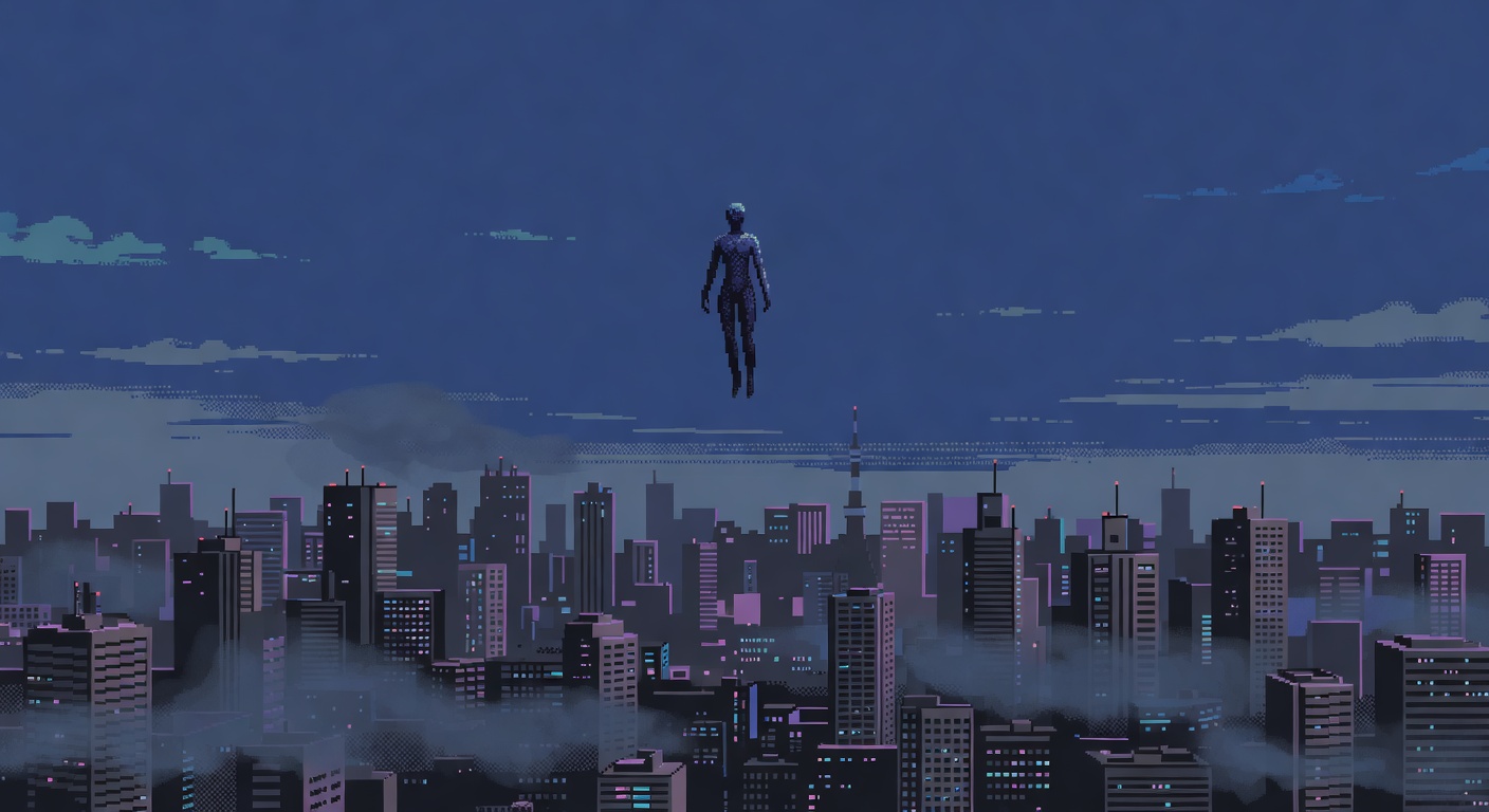 Flying Humanoid Glides Silently Over Tokyo Night Sky in 1988